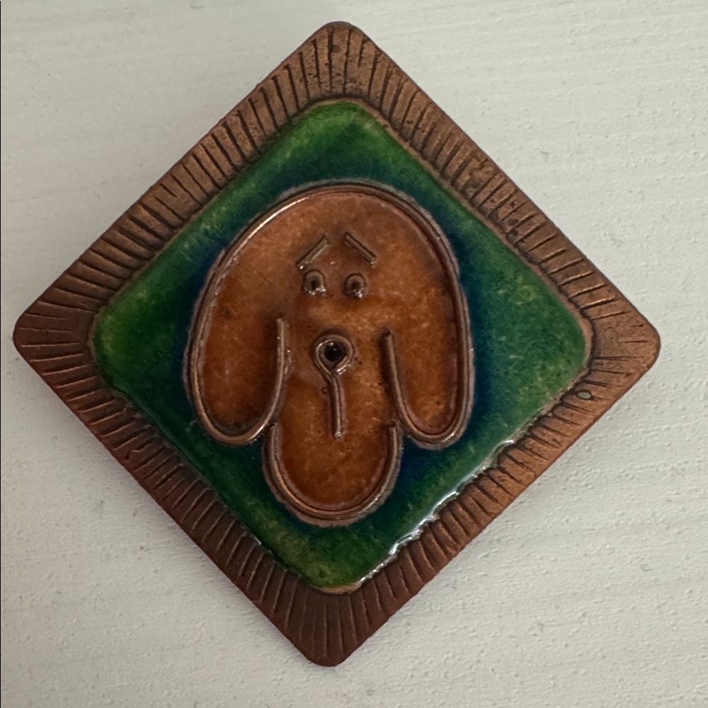 Doggie Copper Brooch in Green and Brown Artisan Made in Finland